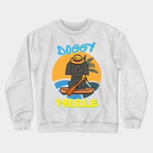 Cute black sheepdog doing the doggy paddle on a boat Crewneck Sweatshirt